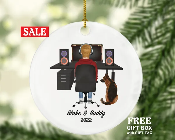 Gamer Computer User Male and Pet Dog Cat Christmas Ornament - Video Game Player Engineer Personalized Playing - Working from Home Boy