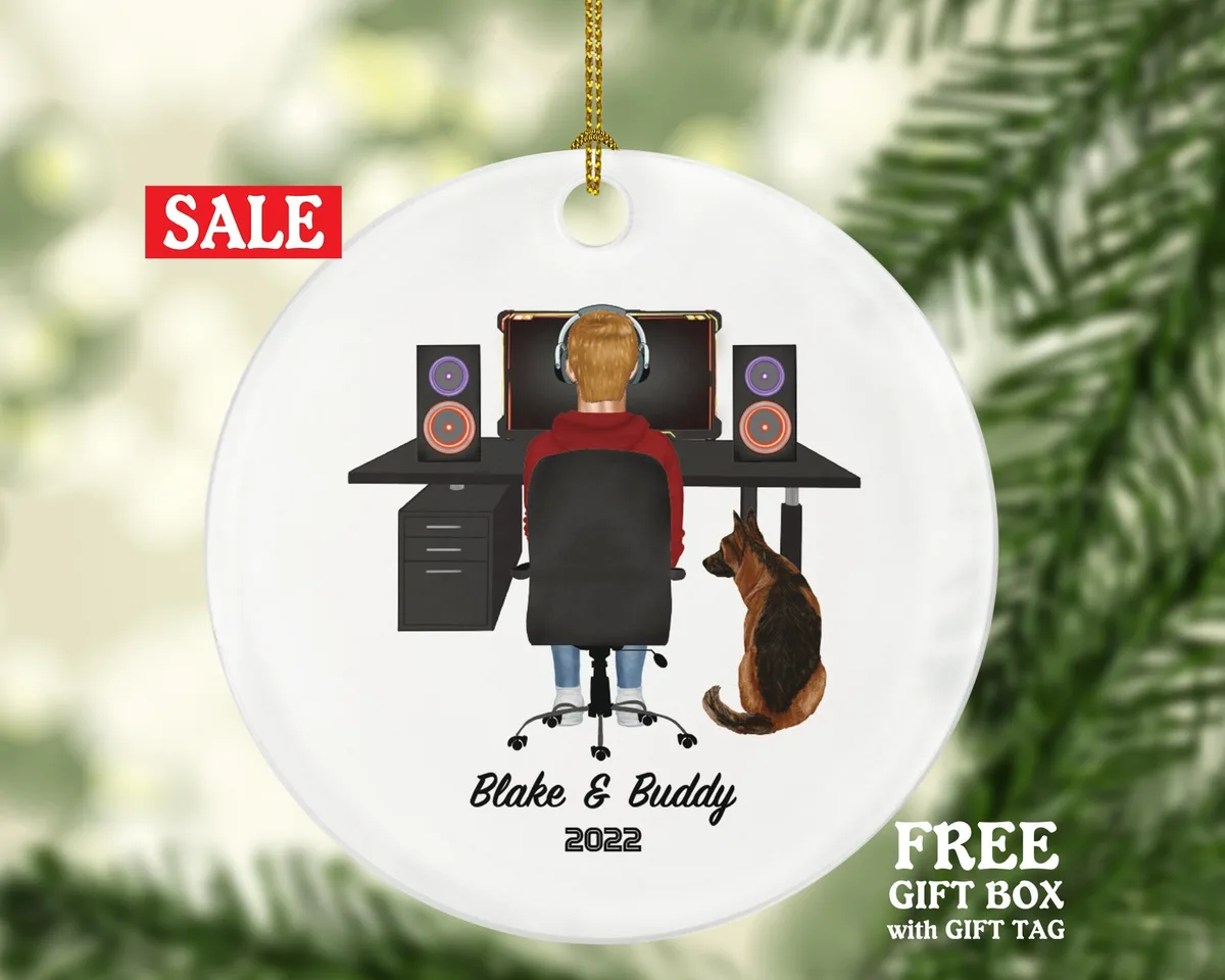 Gamer Computer User Male and Pet Dog Cat Christmas Ornament - Video Game Player Engineer Personalized Playing - Working from Home Boy