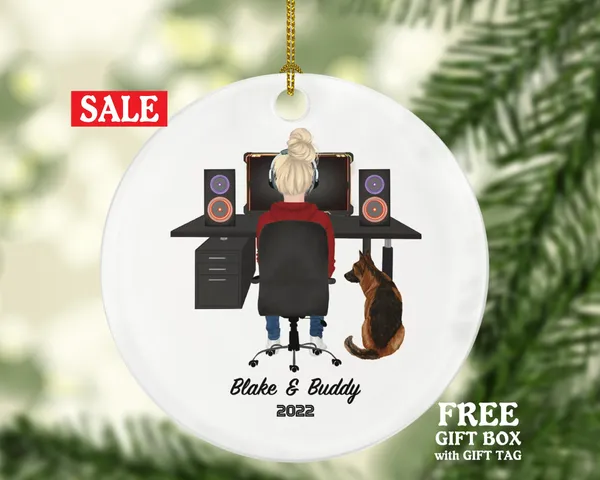 Computer User Female and Pet Dog Cat Christmas Ornament - Video Game Player Engineer Personalized Playing Gamer - Working from Home Girl