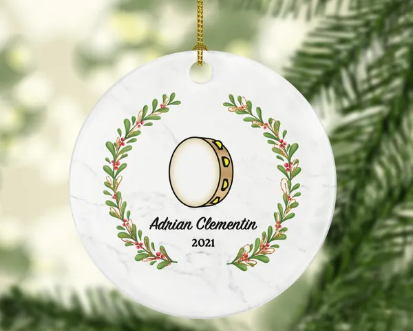 Tambourine Christmas Ornament Personalized - Musical Instrument Playing Tambourine Gift for Tambourine Player - Custom Name Year