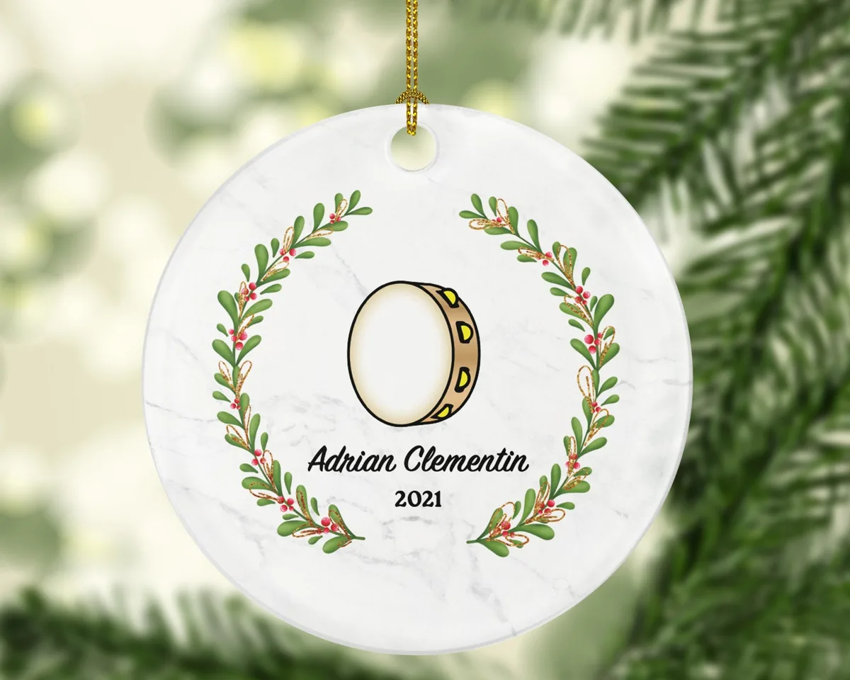 Tambourine Christmas Ornament Personalized - Musical Instrument Playing Tambourine Gift for Tambourine Player - Custom Name Year