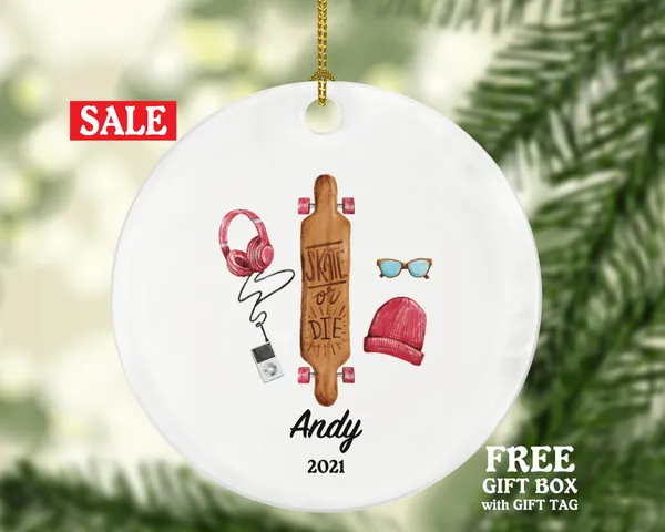 Personalized Skateboard Male Female Girl Boy Skating Christmas Ornament Skate Board Skater Lover Gift Watercolor Sports Hobby Occupation