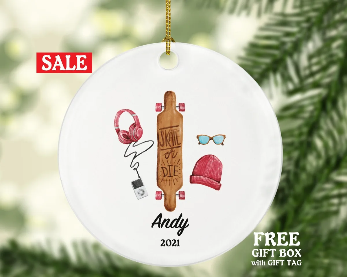 Personalized Skateboard Male Female Girl Boy Skating Christmas Ornament Skate Board Skater Lover Gift Watercolor Sports Hobby Occupation
