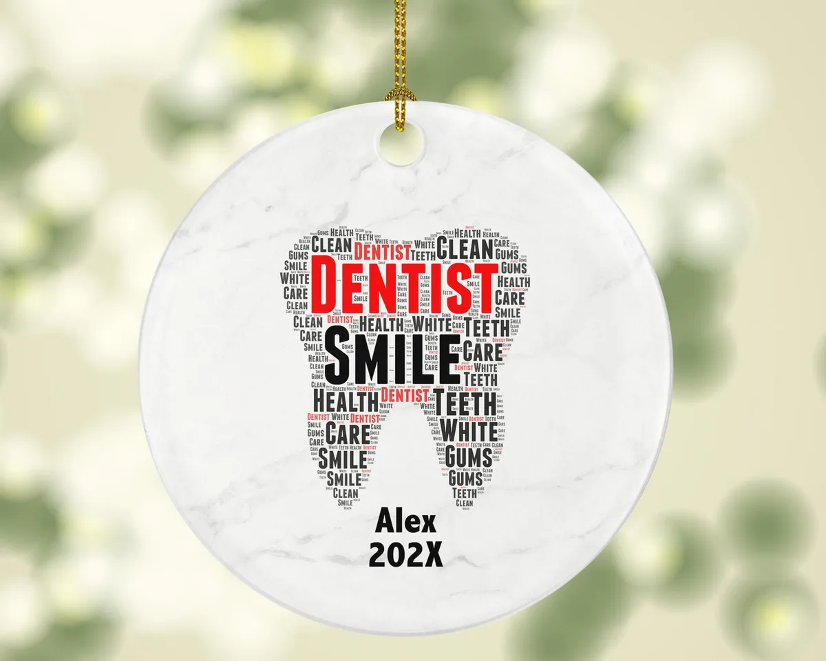 Personalized Dentist Christmas Ornament – Custom Dental Gift – Tooth Shaped Ornament – Dental Student or Hygienist Keepsake