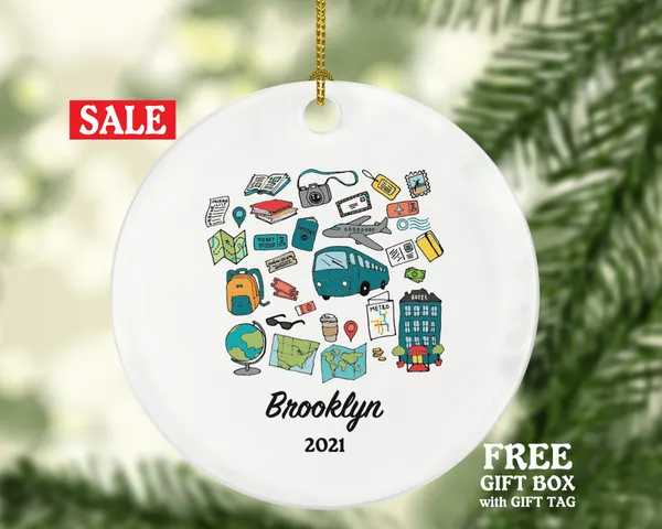 Traveler Christmas Ornament Personalized - Vacation Travel Lover Gift For Traveler - Custom Name Year