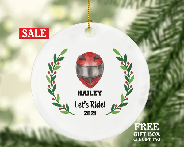 Motorcycle Dirt Bike Rider Helmet Christmas Ornament - Custom Gift for Bikers Racer Motocross Racing Personalized