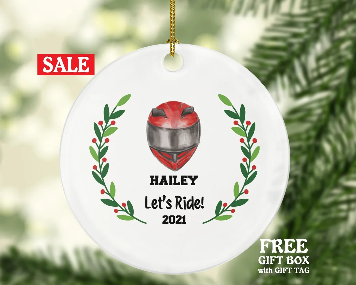 Motorcycle Dirt Bike Rider Helmet Christmas Ornament - Custom Gift for Bikers Racer Motocross Racing Personalized