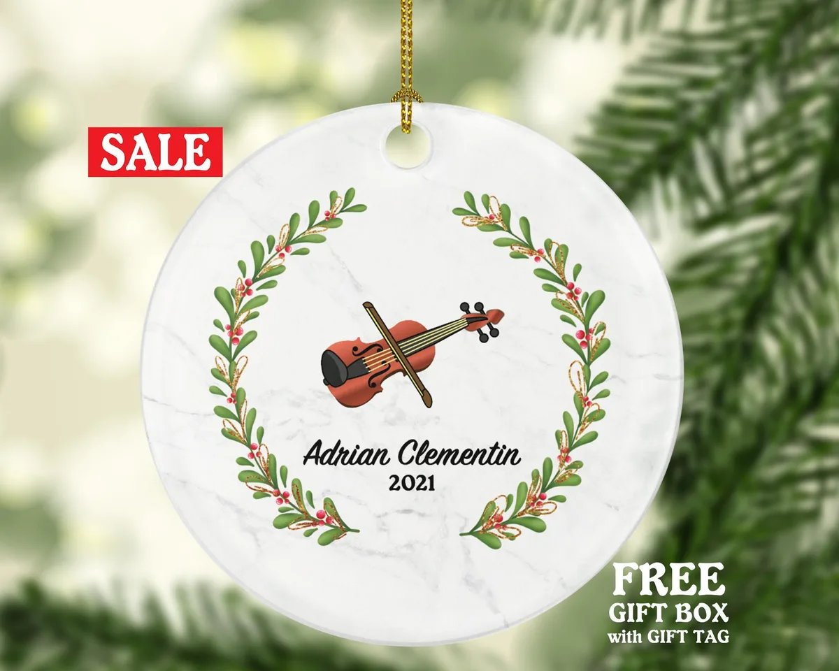 Violin Christmas Ornament Personalized - Musical Instrument Playing Violin Gift for Violinist - Custom Name Year