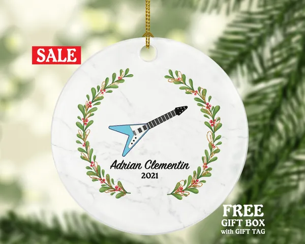Electric Guitar Christmas Ornament Personalized - Musical Instrument Guitarist Playing Guitar Gift for Guitarist - Custom Name Year