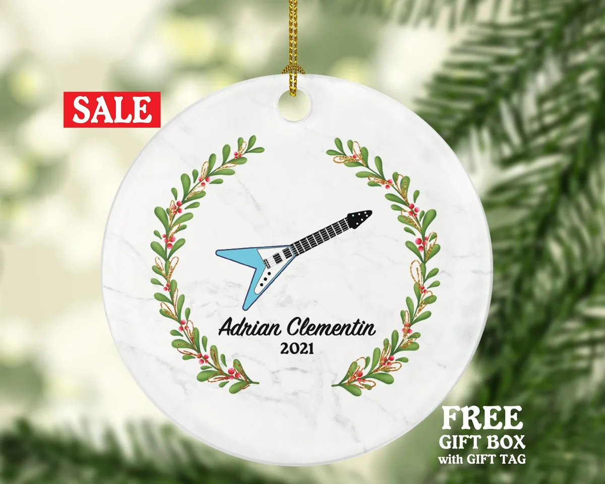 Electric Guitar Christmas Ornament Personalized - Musical Instrument Guitarist Playing Guitar Gift for Guitarist - Custom Name Year