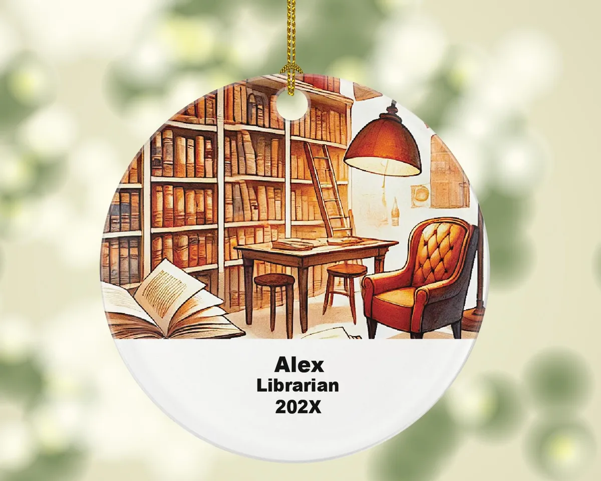 Personalized Librarian Ornament – Custom Library Gift – Book Lover and Teacher Ornament with Name and Year