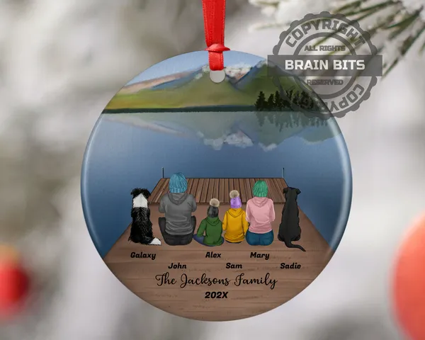 Personalized Family Christmas Ornament with Pet Custom Ceramic Keepsake for Couples Dog Cat Owners Holiday Gift Lake Dock Scene