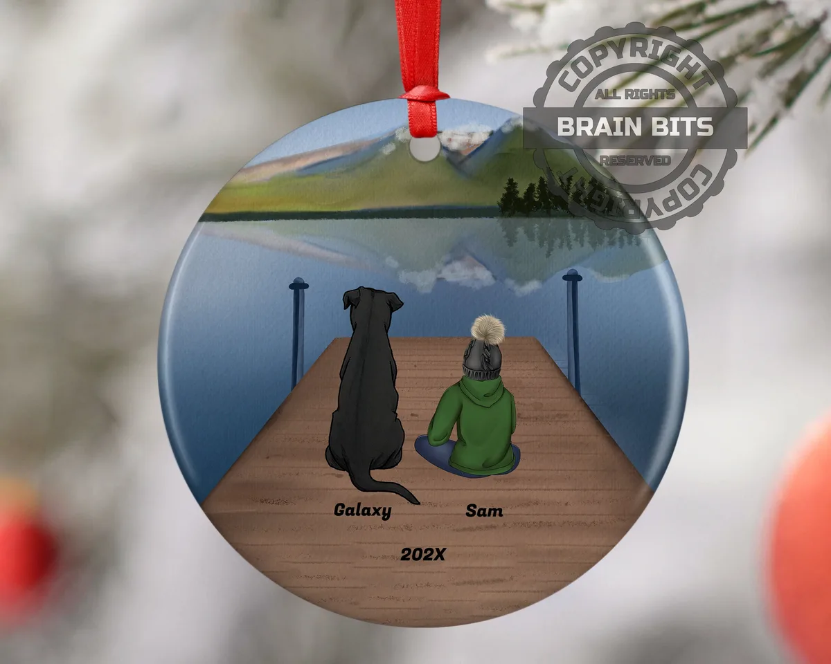 Personalized Boy Son Kid Child Grandchild Grandson Pet Christmas Ornament Custom Ceramic Keepsake Dog Cat Owners Holiday Gift Lake Scene