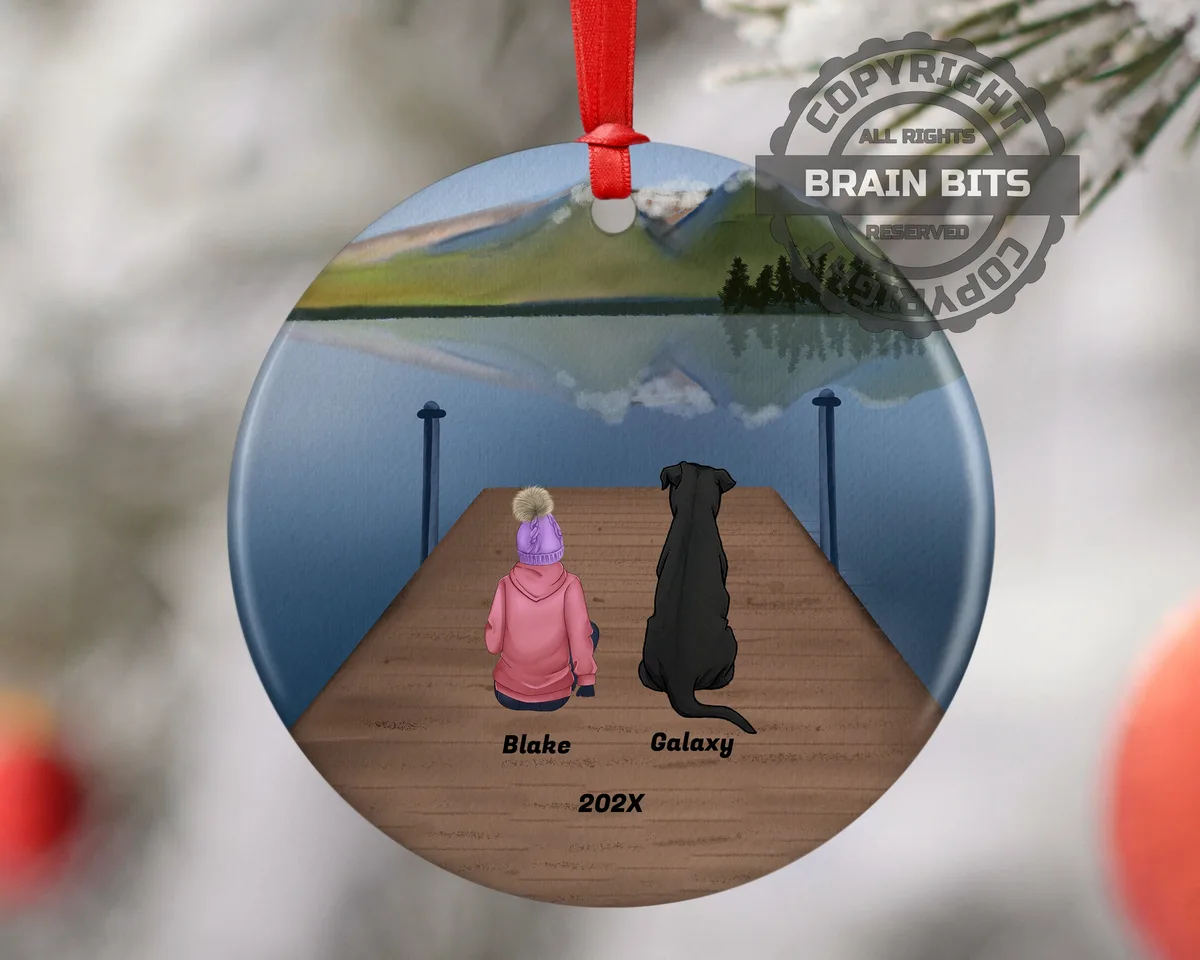 Personalized Pet Girl Daughter Kid Child Grandchild Granddaughter Christmas Ornament Custom Ceramic Dog Cat Owners Holiday Gift Lake Scene