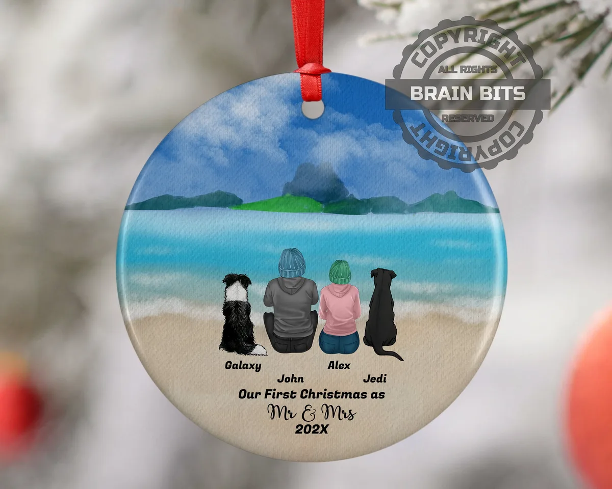 Personalized Mr and Mrs Marriage Couple Christmas Ornament with Pet Custom Ceramic Keepsake for Newly Married Dog Cat Owners Holiday Gift