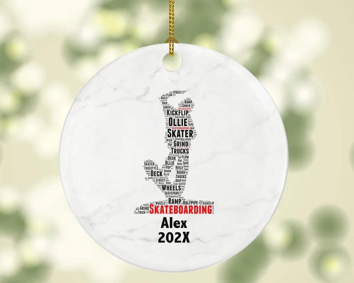 Skateboarding Skateboarder Ornament, Skater Gift, Skateboard Word Art Ornament, Personalized Porcelain Keepsake for Skate Lovers
