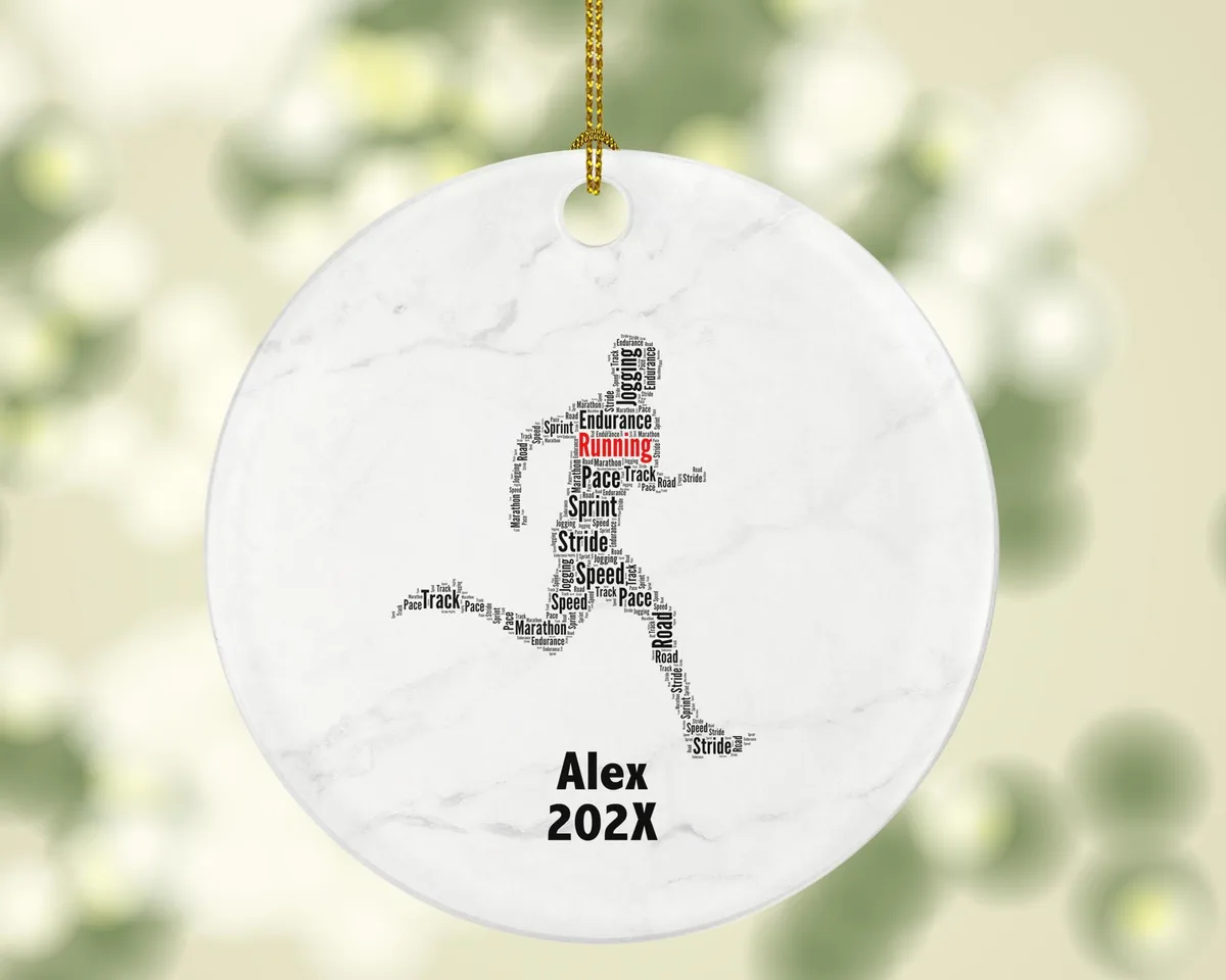 Running Jogging Ornament, Marathon Runner Gift, Track and Field Word Art, Custom Porcelain Ornament Keepsake, Athlete Holiday Gift