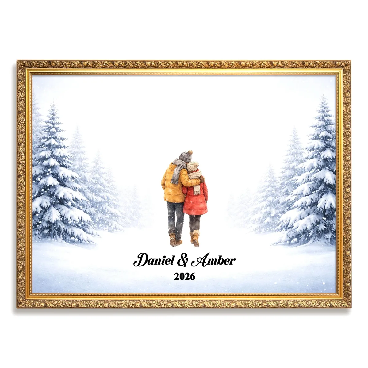 Personalized Couple in Snowy Scene Wall Art | Winter Landscape Print for Engaged, Married, Mr & Mrs, Anniversary | Aluminum Metal Print