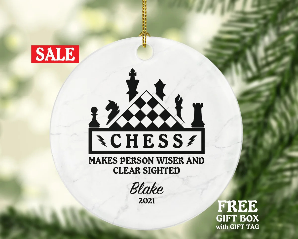 Chess Player Christmas Ornament Personalized, Chess Club Ornament, Chessboard, Gambit, Pawn, Chess Ornament with Quote