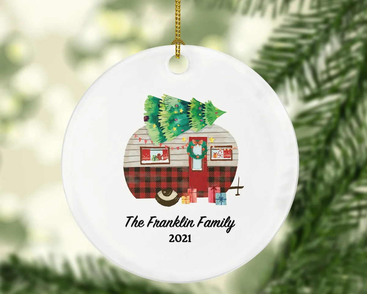 Camping Pull Trailer RV Camper Family Christmas Ornament - Personalized Vacation Red Lumberjack Recreational Gift
