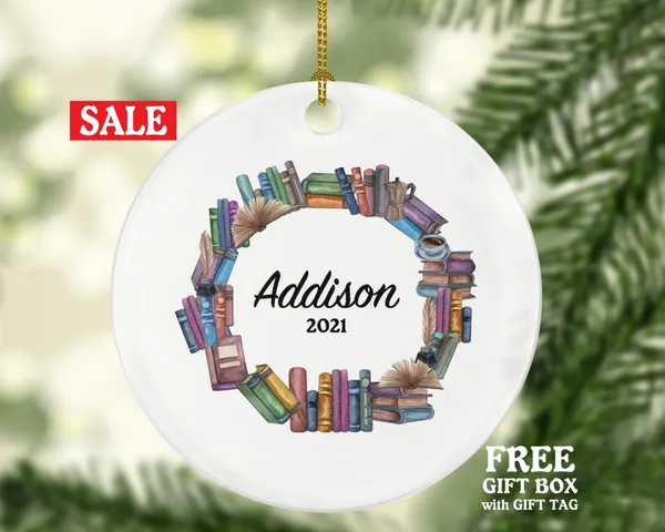 Book Lover Librarian Christmas Ornament Personalized, Library Bookworm Gift Custom Name