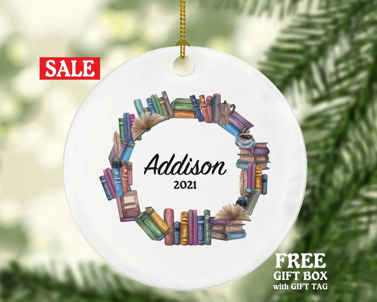 Book Lover Librarian Christmas Ornament Personalized, Library Bookworm Gift Custom Name