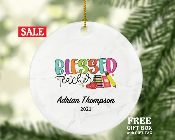 Teacher Ornament Personalized - Blessed Teacher Custom Gift Apple Books Pencil from Student Appreciation Mr Mrs School Graduate Graduation