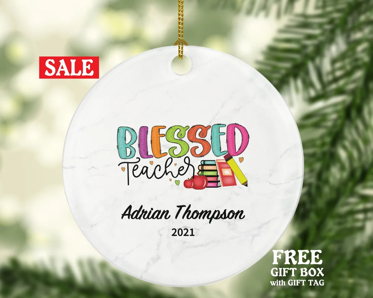 Teacher Ornament Personalized - Blessed Teacher Custom Gift Apple Books Pencil from Student Appreciation Mr Mrs School Graduate Graduation