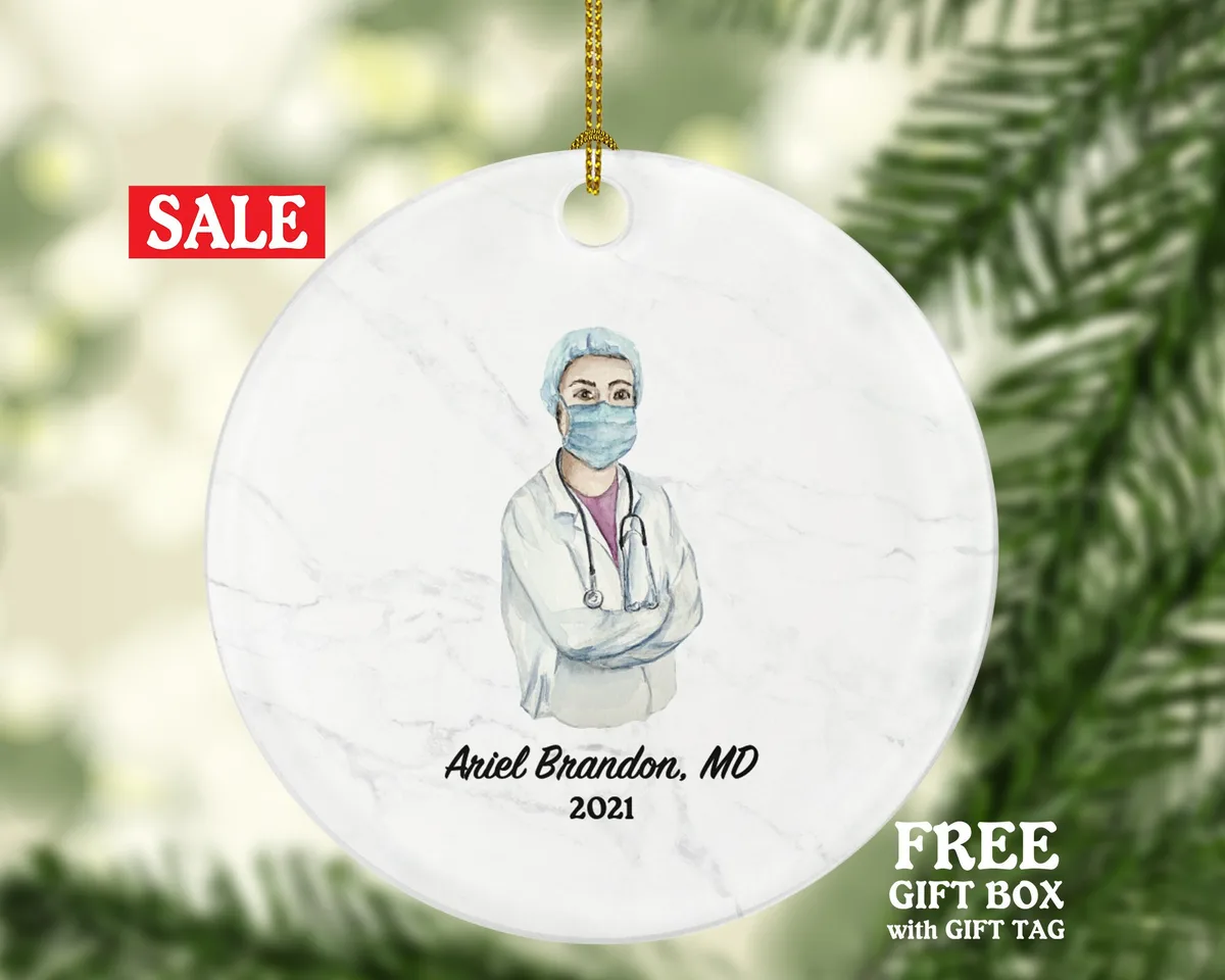 Doctor Female Christmas Ornament Personalized, Medical Doctor Operator Surgeon Health Worker Gift from Patient for Physician Practitioner MD