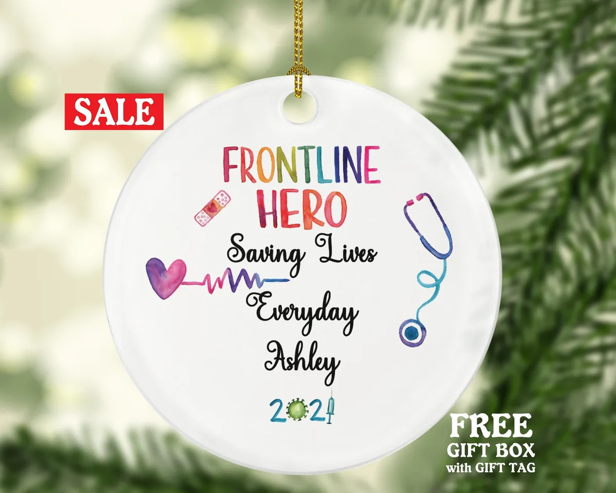 Frontline Heroes Medical Health Worker Doctor Christmas Ornament, Custom Gift from Patient for Nurse Physician Physical Therapist MD RN PT