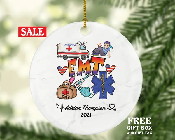Emergency Medical Technician  EMT Christmas Ornament Personalized - Fist Responder Ambulance Custom Name Year Holiday Gift