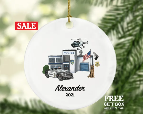 Policeman Ornament - Police Team Officer Christmas Gift Personalized - Car Helicopter Office Dog Gun Badge Flag