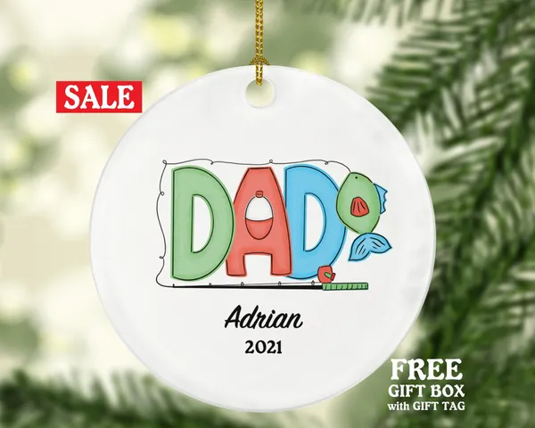 Fisher Dad Christmas Ornament Personalized - Fishing Fisher Fisherman Ornament with Father Name - Custom Gift for Fisher Dad
