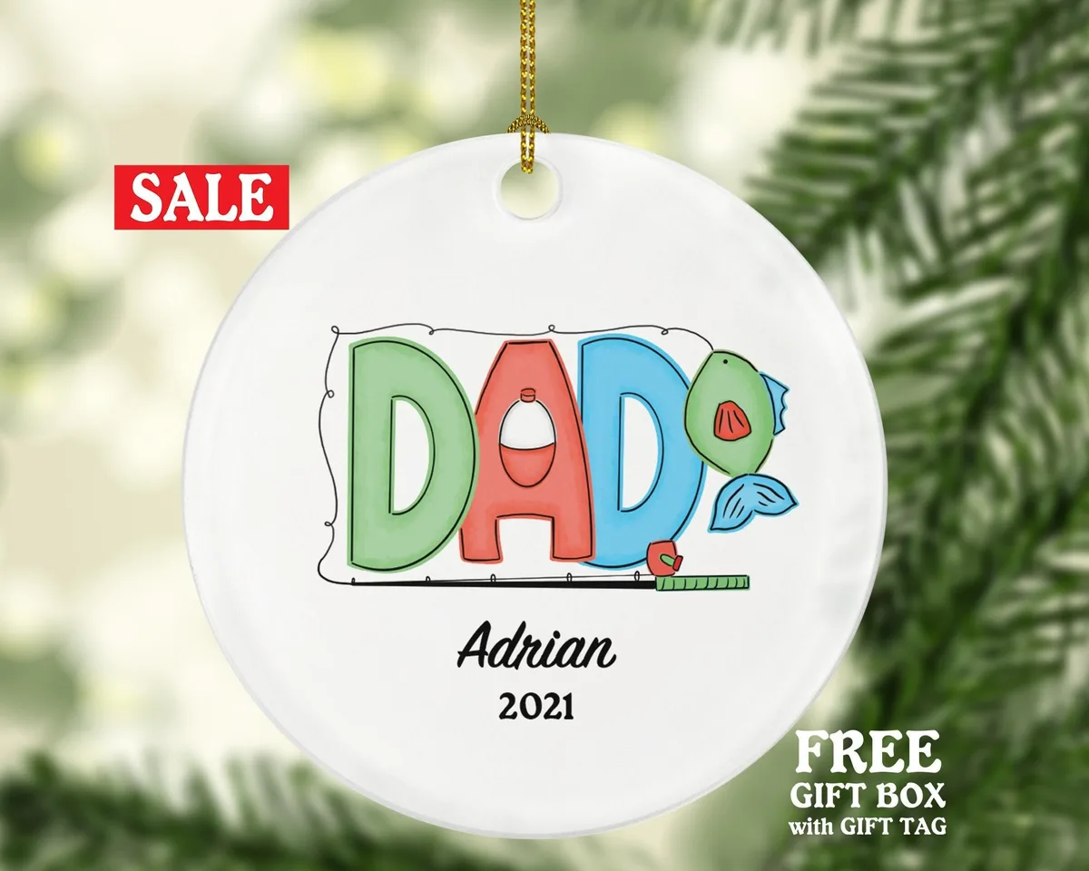 Fisher Dad Christmas Ornament Personalized - Fishing Fisher Fisherman Ornament with Father Name - Custom Gift for Fisher Dad