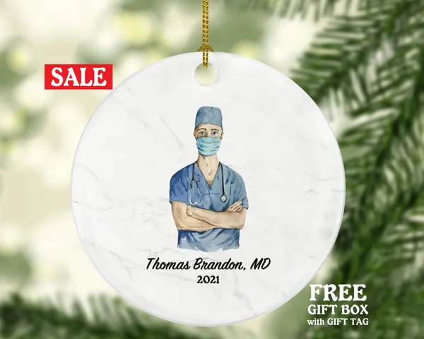 Doctor Male Christmas Ornament Personalized - Medical Doctor Operator Surgeon Health Worker Gift from Patient for Physician Practitioner MD