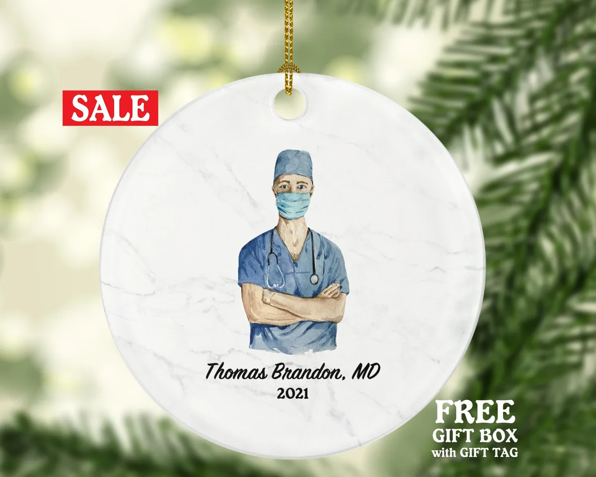 Doctor Male Christmas Ornament Personalized - Medical Doctor Operator Surgeon Health Worker Gift from Patient for Physician Practitioner MD