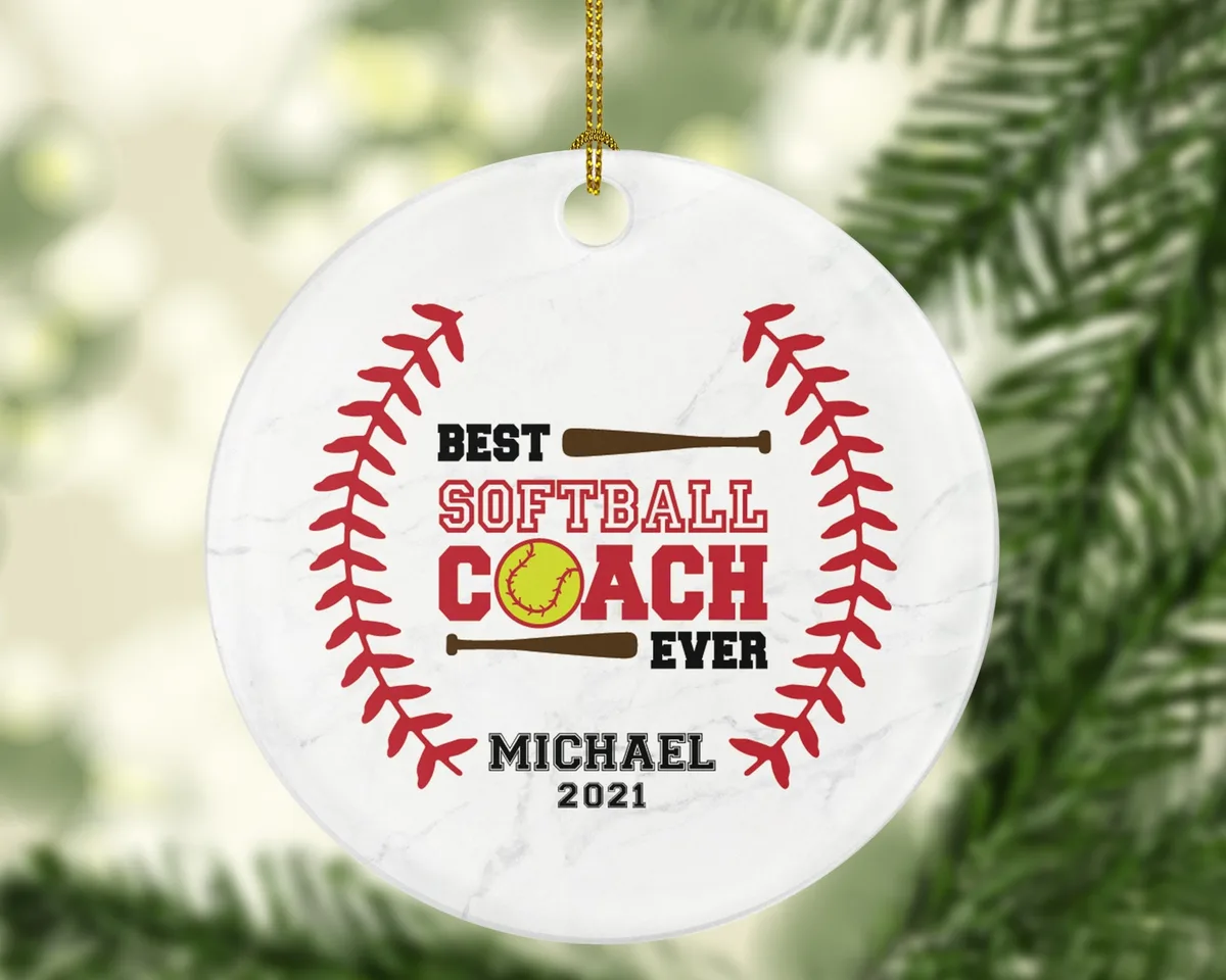 Best Softball Coach Ever Christmas Ornament Personalized - Sports Coach Gift from Softball Gamer Team Hobby Fan - Custom Name Year