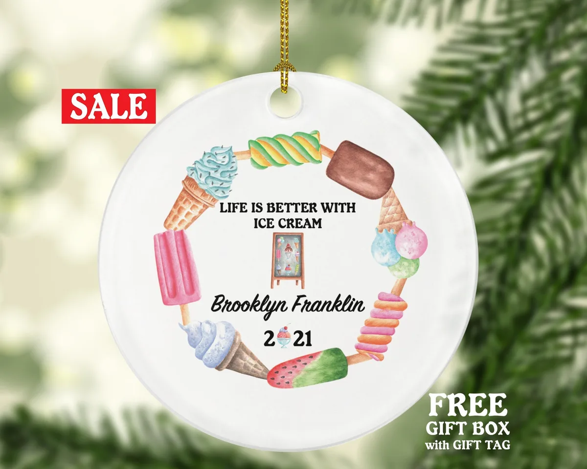 Ice Cream Shop Truck Owner Worker Waitress Christmas Ornament - Personalized Gift for Ice Cream Lover Custom Name Boss Employee