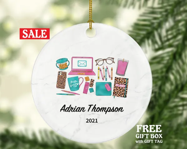 Working From Home Christmas Ornament for a Mother - Personalized Laptop Computer Work Distance Studying Custom Name