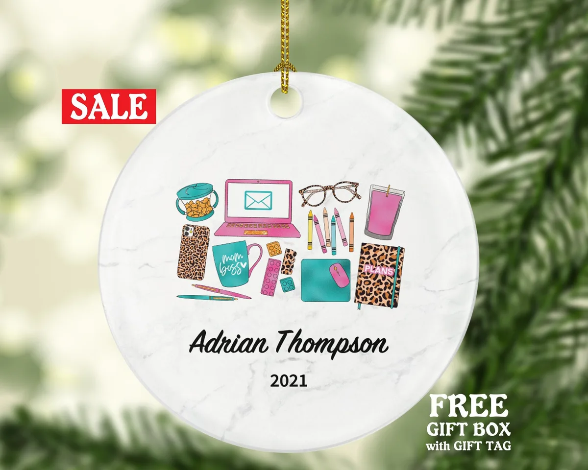 Working From Home Christmas Ornament for a Mother - Personalized Laptop Computer Work Distance Studying Custom Name