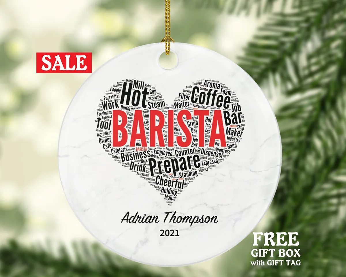 Barista Christmas Ornament Personalized - Coffee Machine Gift for Barista Custom Name Boss Employee Coffee Lover Watercolor Coffee Cup Xmas