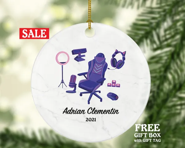 Professional Video Game Player Gamer Christmas Ornament Personalized, Playing Game Equipment for Female Girl Controller Addict