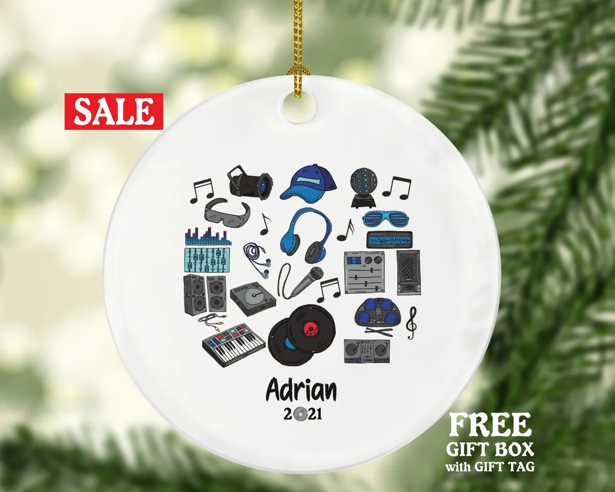DJ Disc Jokey Christmas Personalized Ornament - DJ Disc Jokey Turntables Cartridge Mixer Headphones Gift - Custom Name Year