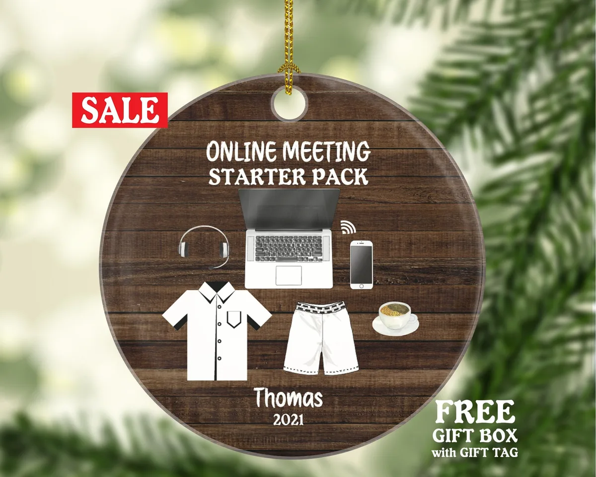 Online Meeting Starter Pack Christmas Ornament - Working From Home Personalized Laptop Computer Work Distance Studying Custom Name