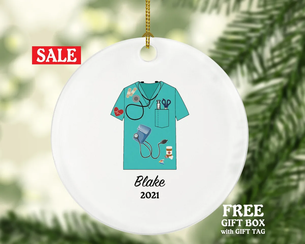 Medical Doctor Scrub Christmas Ornament Personalized - Health Worker Gift for Nurse Physician Physical Therapist Practitioner MD RN