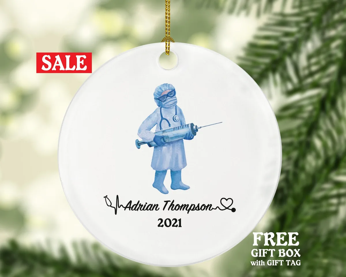 Doctor with Vaccine Christmas Ornament Personalized - Medical Doctor Health Worker Gift from Patient for Physician Practitioner MD