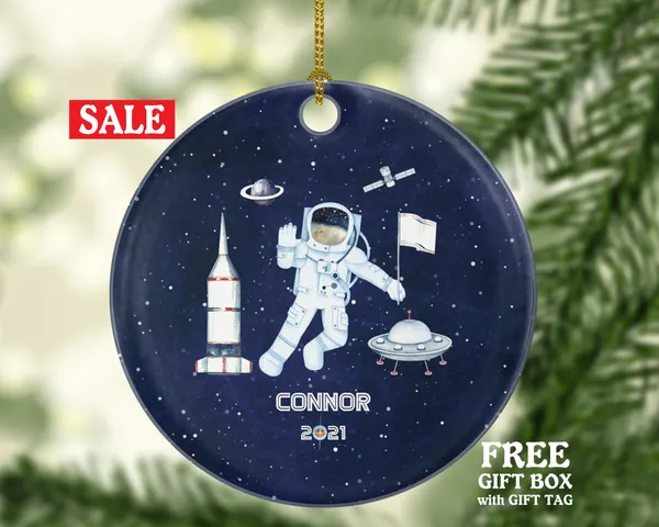 Astronaut in Space Christmas Ornament Personalized, Spaceship Themed Pilot Astronaut Custom Gift with Name