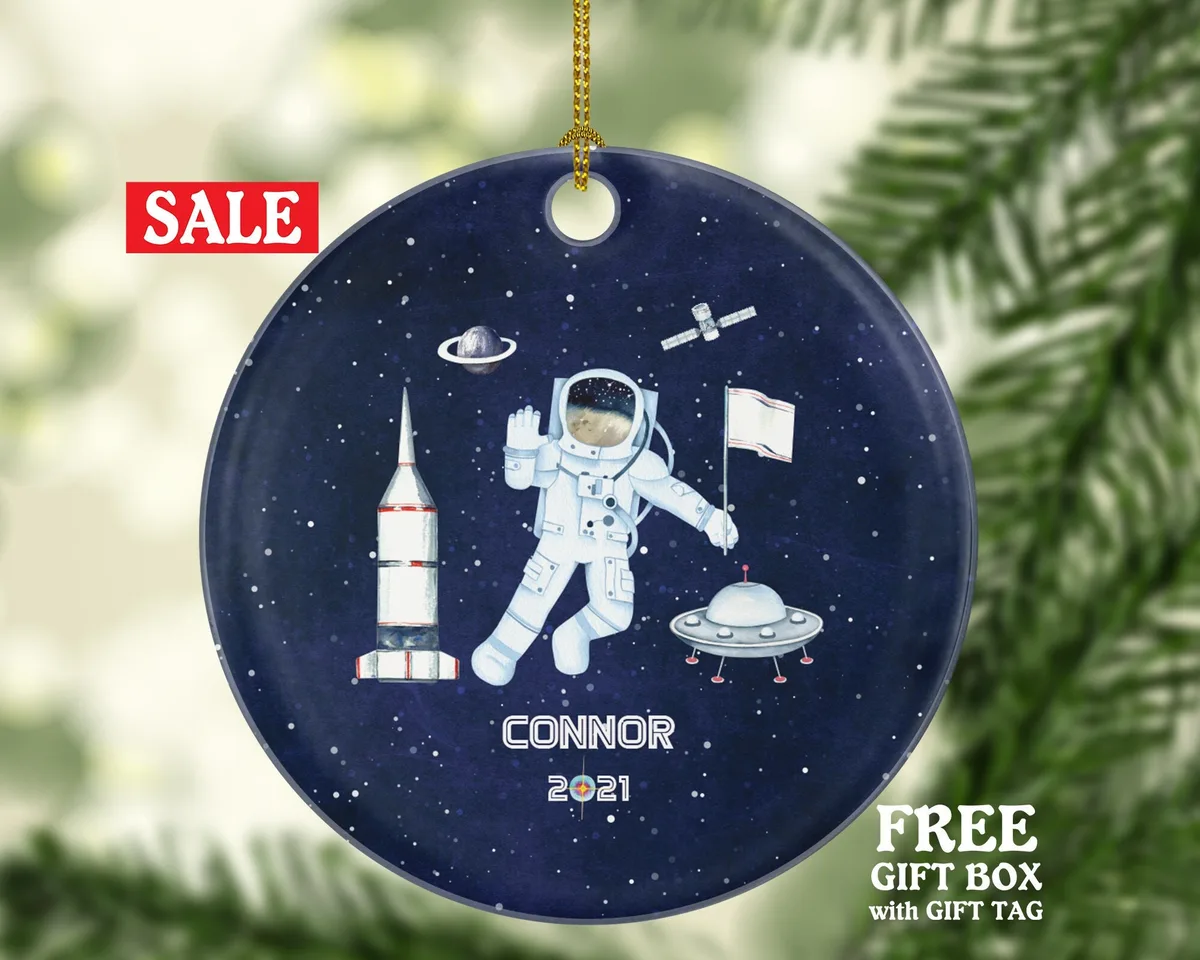 Astronaut in Space Christmas Ornament Personalized, Spaceship Themed Pilot Astronaut Custom Gift with Name