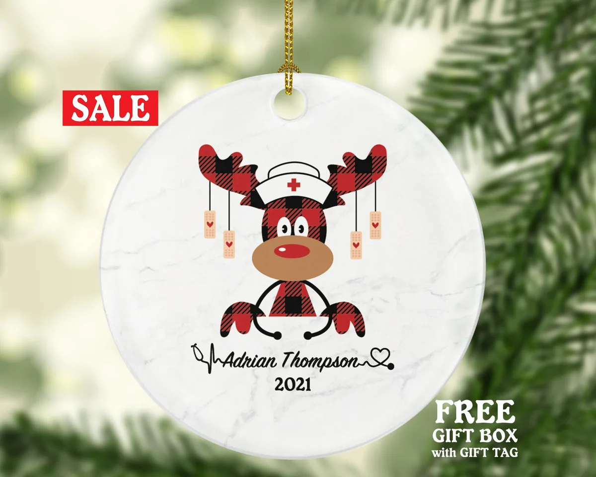 Nurse Christmas Deer Ornament Personalized - Nursing Registered Nurse Health Worker Gift from Patient for Nurse RN Custom Medical