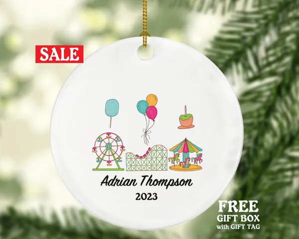 Amusement Park Christmas Ornament - Personalized Theme Park Worker Gift - Carousel Roller Coaster Ferris Wheel Fairgrounds Vacation Travel